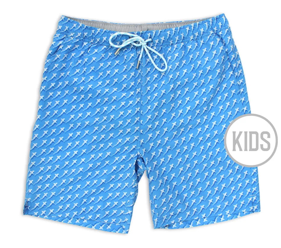 Fringe details Reef Shark Rally: Kid's Swim Trunks - Light Blue