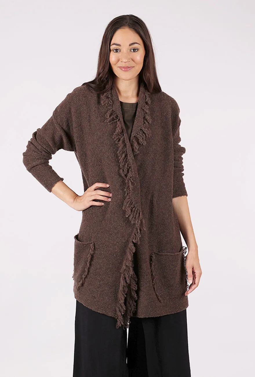 Casual Draping Travel Layer Fringed Lapel Cardie, Coffee
