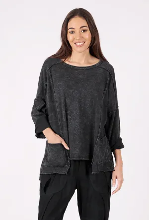Garment Dye Boxy Pullover, Washed Black Wool combination Silk combination