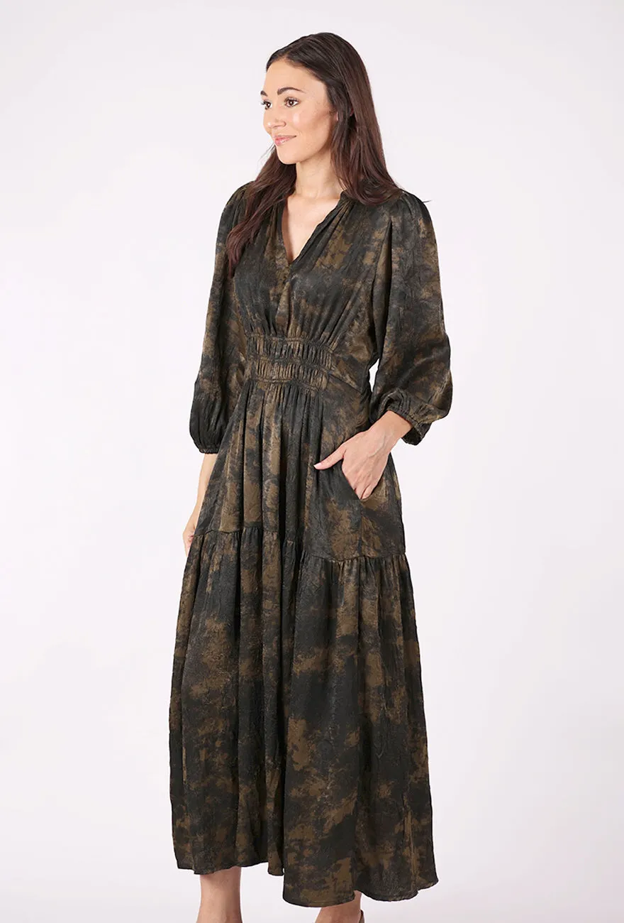 Gothic look Smocked Waist Printed Midi Dress, Tapenade