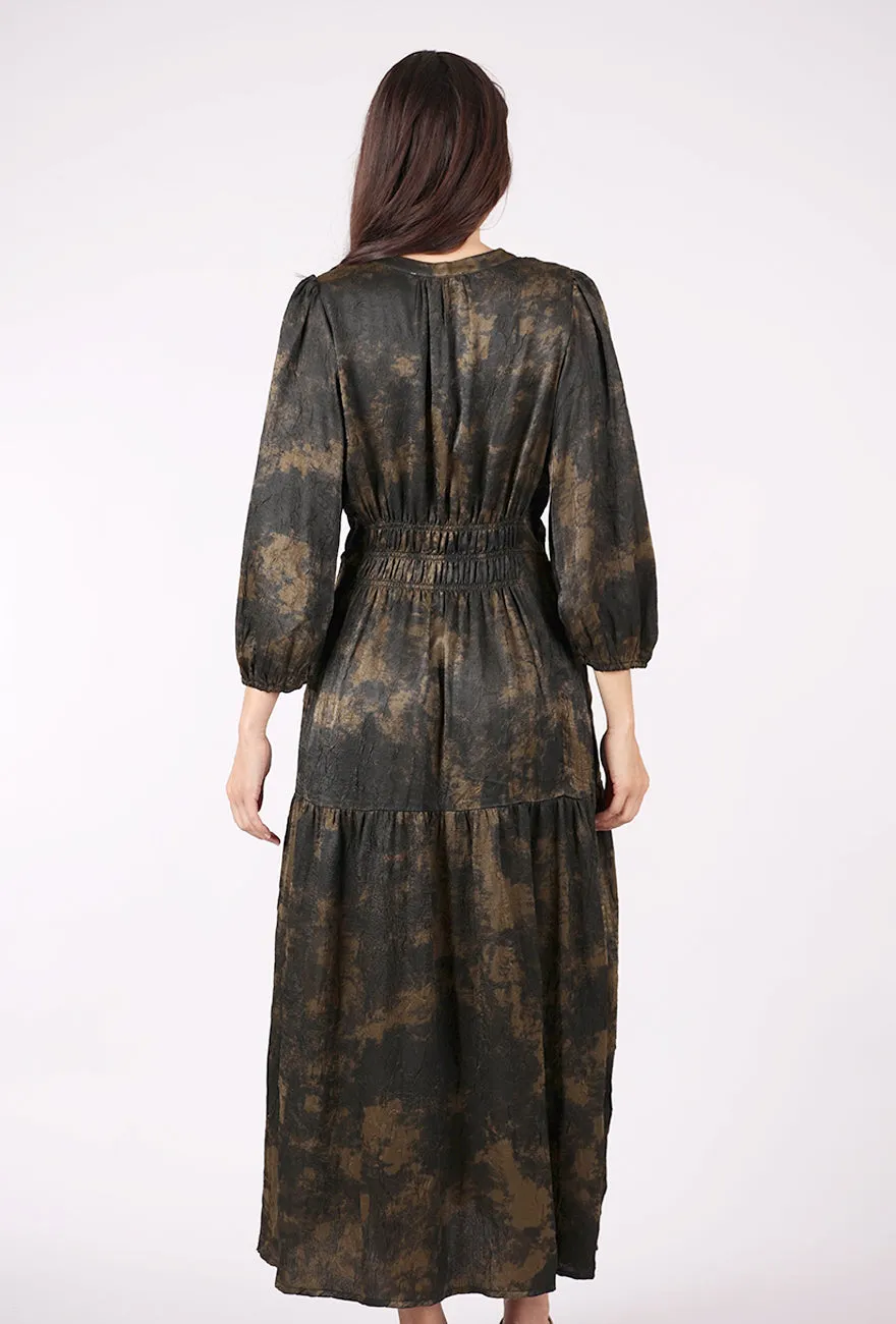 Gothic look Smocked Waist Printed Midi Dress, Tapenade