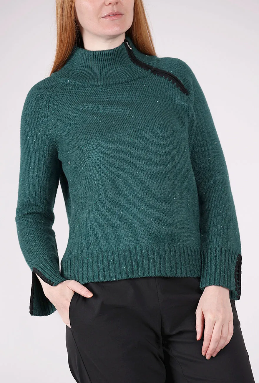 Harvest Tweed Zipneck Sweater, Juniper 3/4 Sleeve