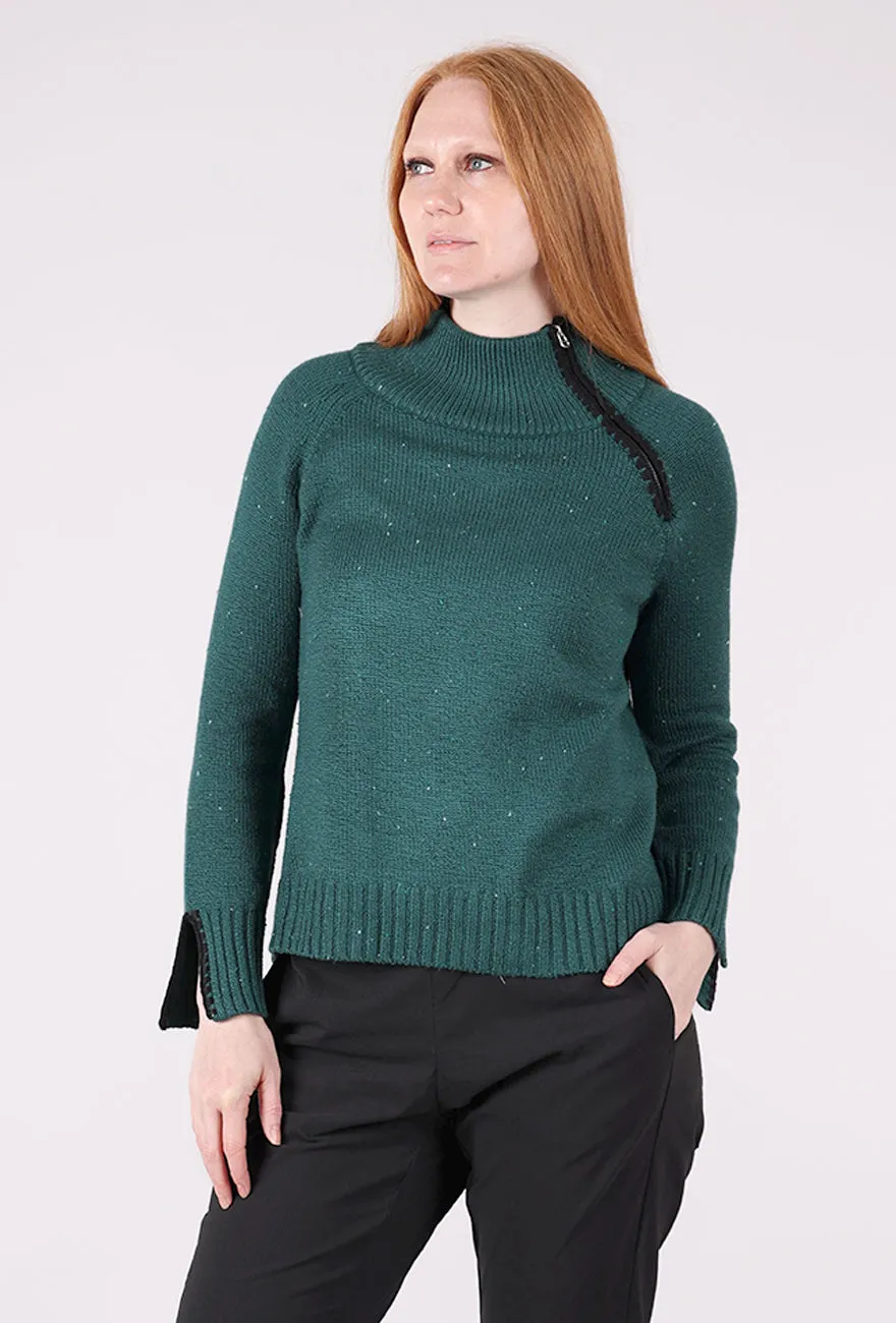 Harvest Tweed Zipneck Sweater, Juniper 3/4 Sleeve
