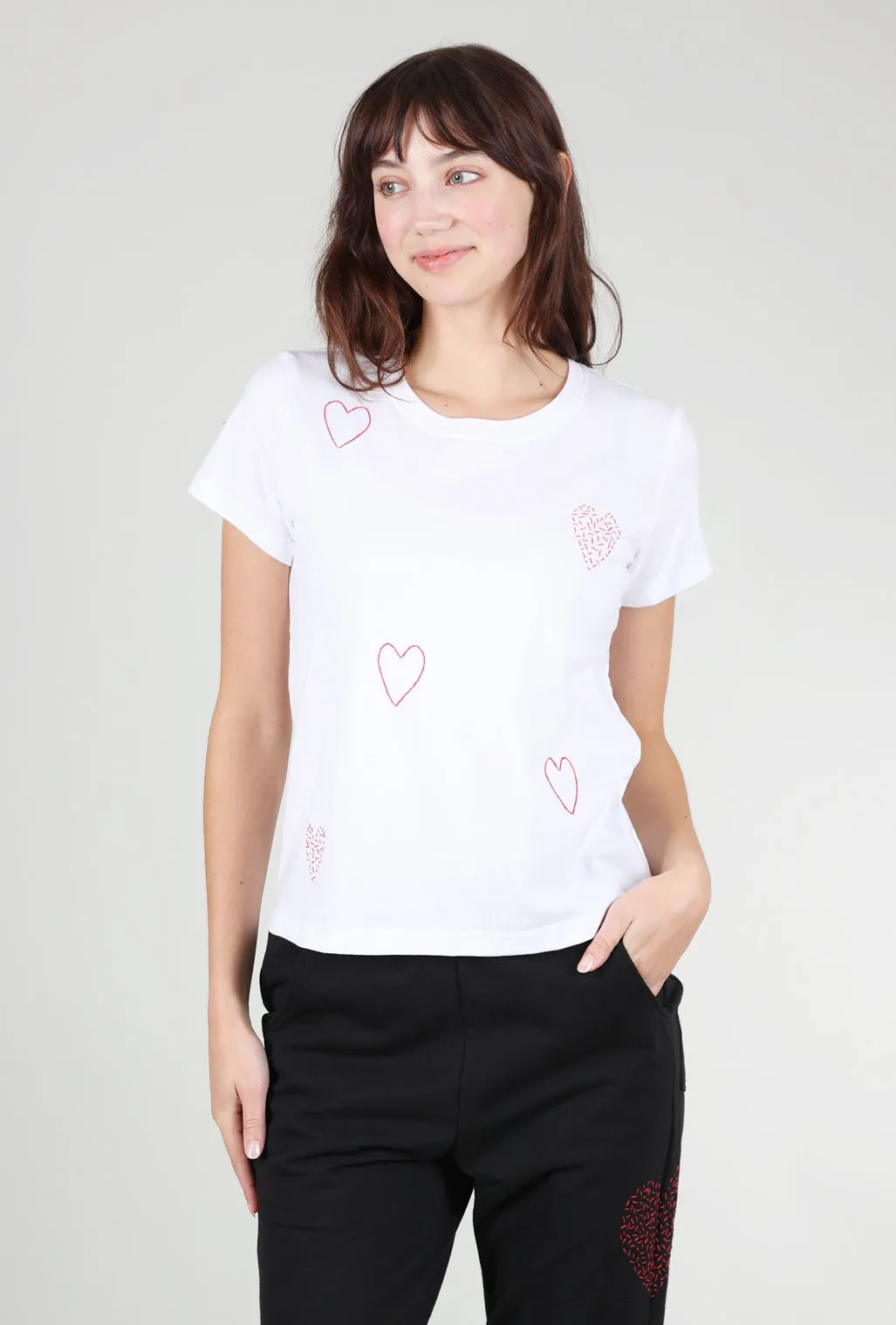 Relaxed Style Hearts Embroidered S/S Tee, White