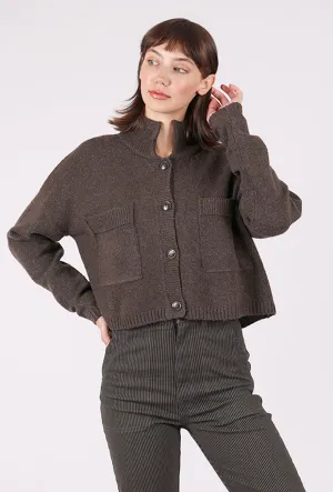Long-sleeve knit High Collar Cardie, Dark Brown