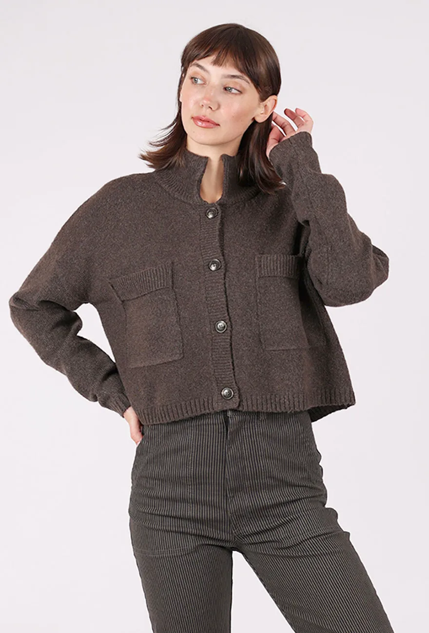 Long-sleeve knit High Collar Cardie, Dark Brown