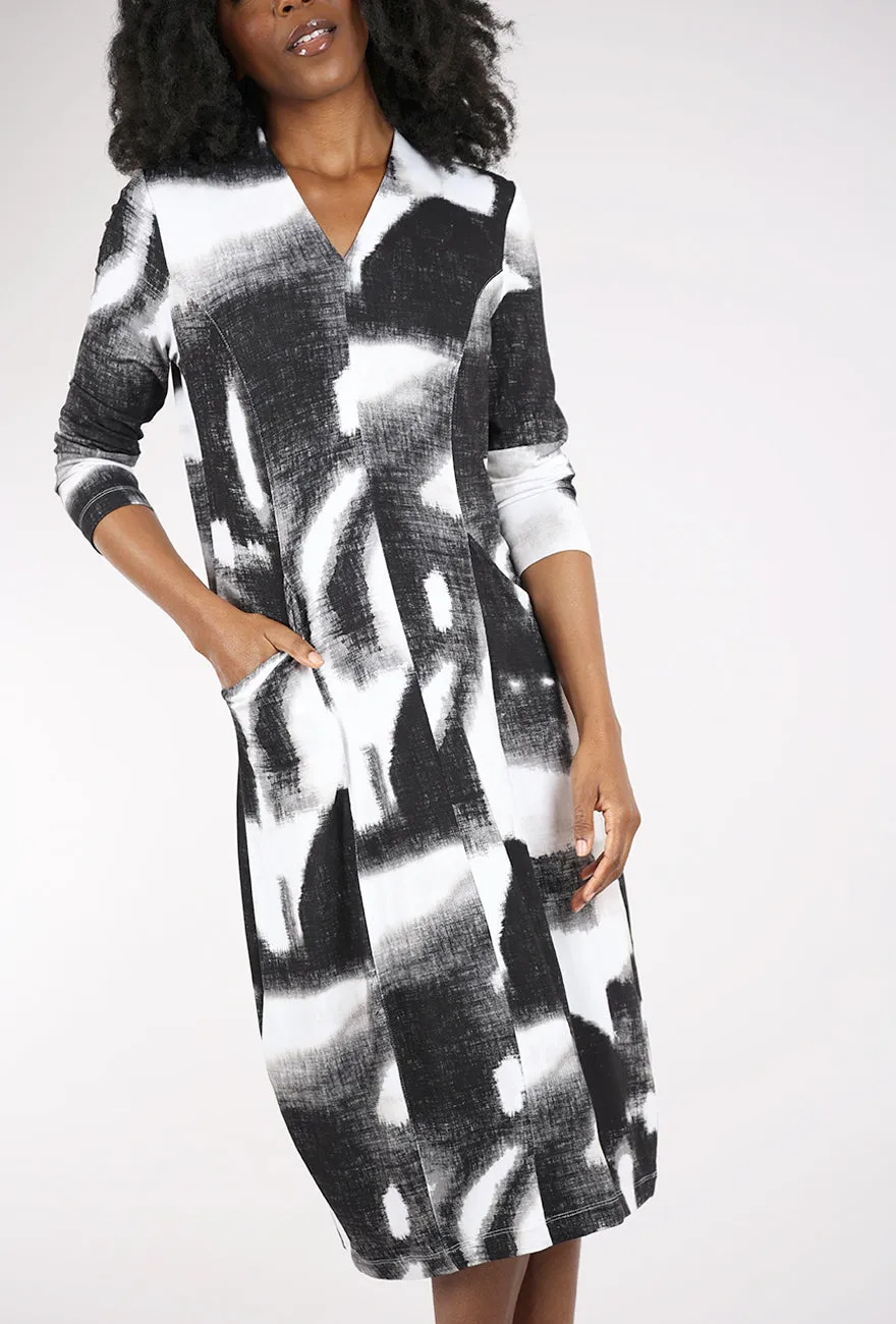 High Slit Ikat Cocoon Dress, Black Mix