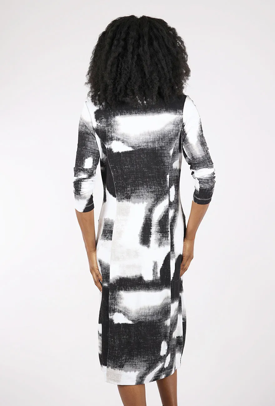 High Slit Ikat Cocoon Dress, Black Mix