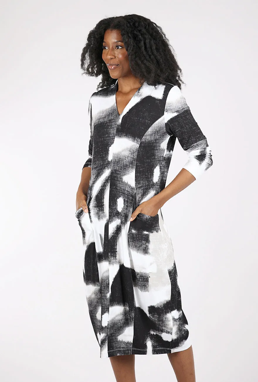 High Slit Ikat Cocoon Dress, Black Mix