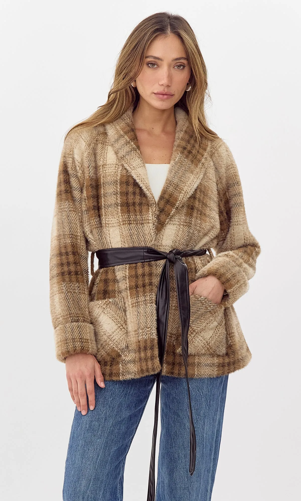 Hudson Shawl Cozy Collar Knit Jacket W/ Vegan Leather Belt Sustainable Material