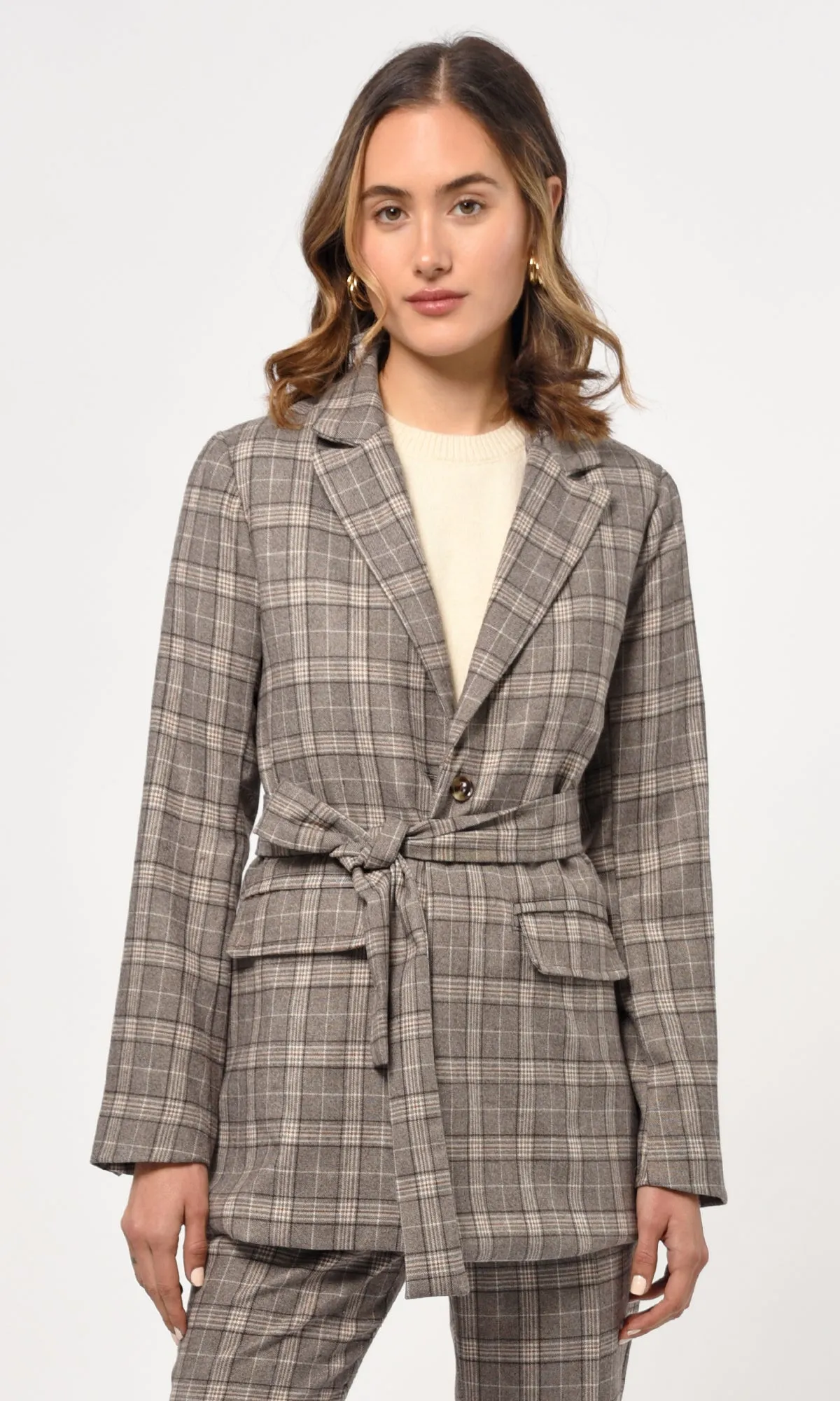 Indala Checked Waist Tie Blazer