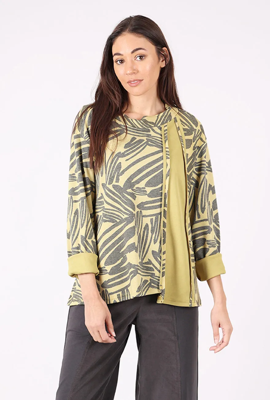 Inset Panel Funnel Neck Knit Top, Kiwi/Charcoal color block detail