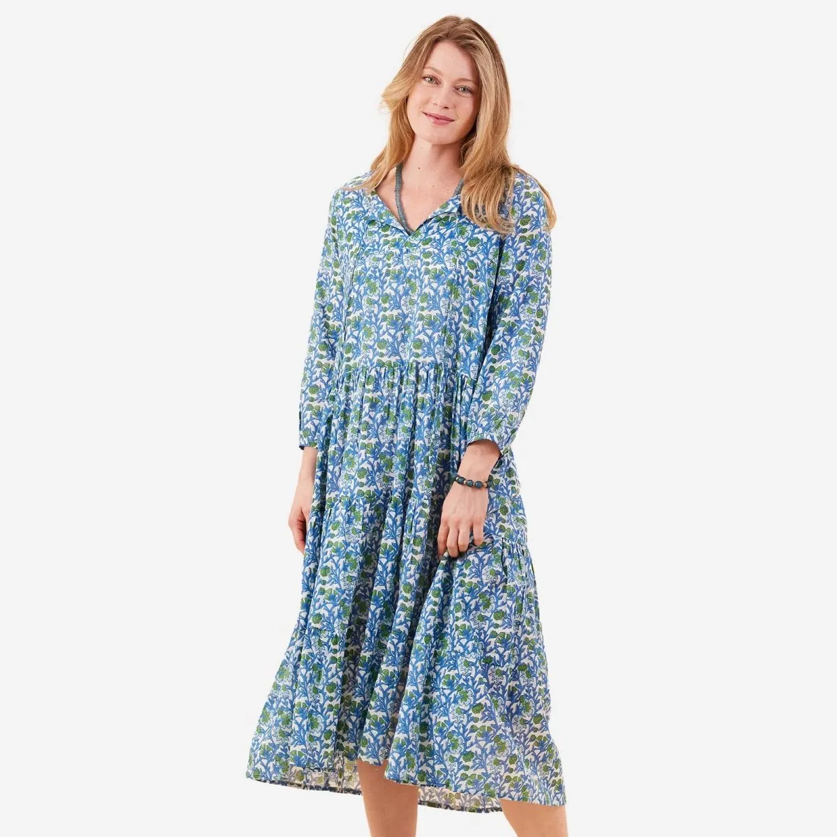 Isabella Blue Long Tiered Cotton Dress Breathable wear