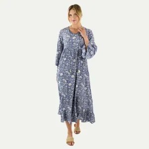 Jasmine Blue Floral Tiered Dress Jewel Accent Soft