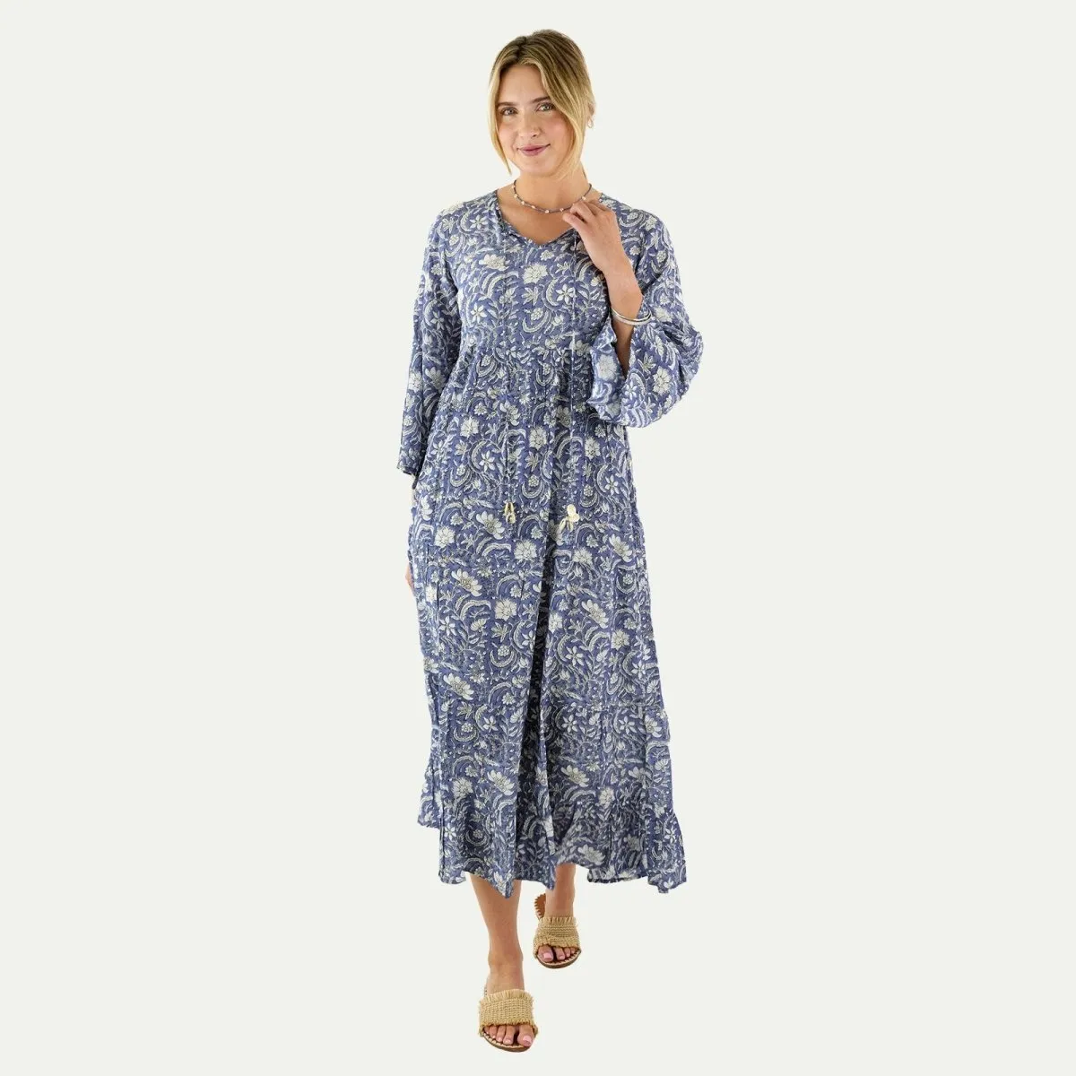 Jasmine Blue Floral Tiered Dress Jewel Accent Soft