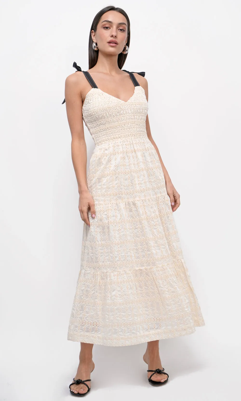 Jayla Embroidery Eyelet Smocked Midi Dress Customer Favorite