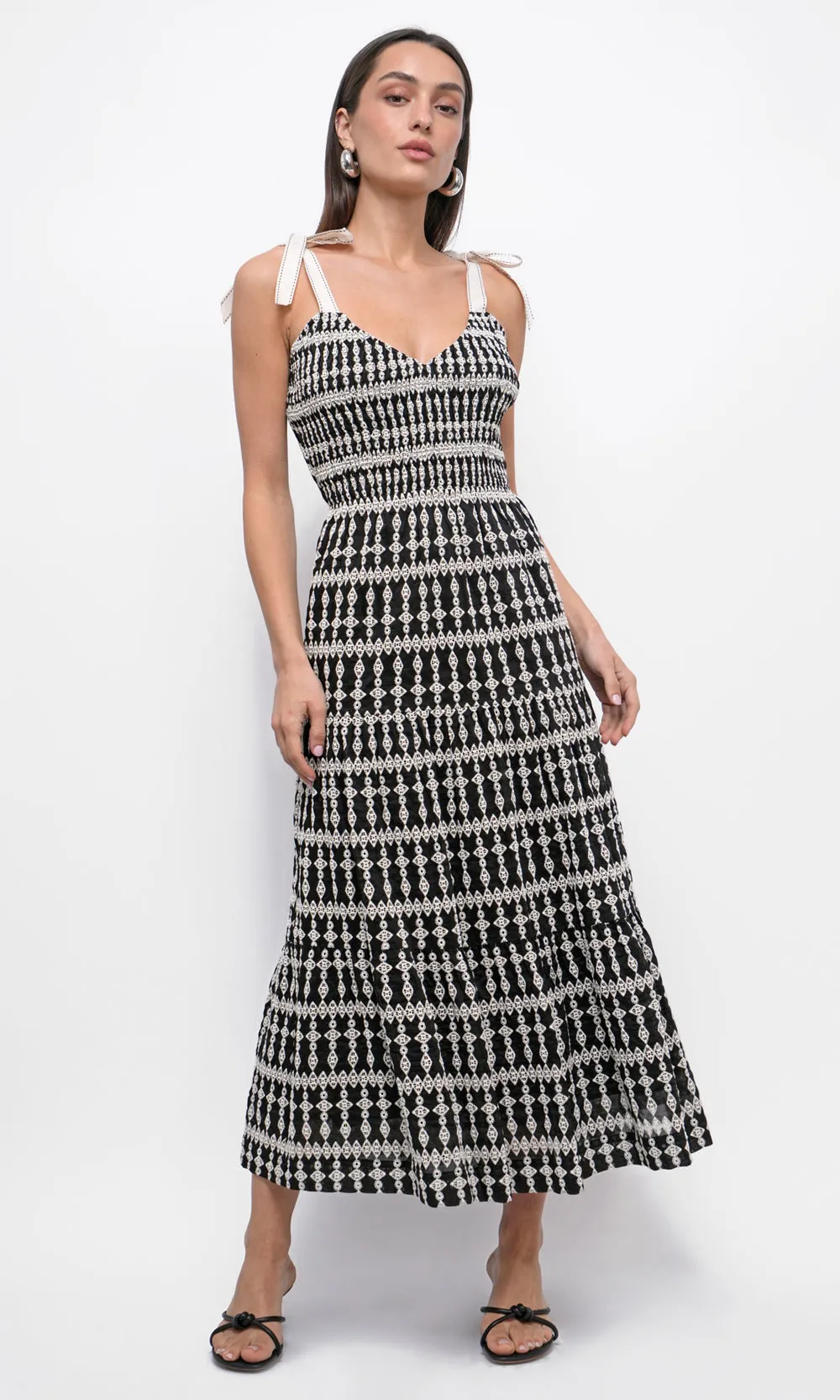 Jayla Embroidery Eyelet Smocked Midi Dress Halter neck