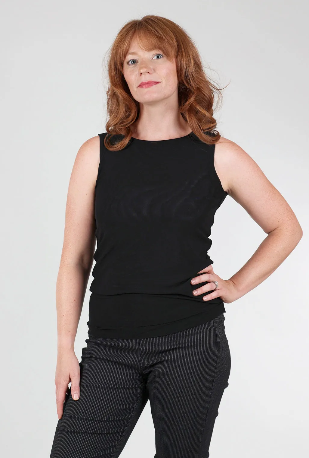 Florence Solid Double Sheer Tank Top, Black Short sleeved breeziness