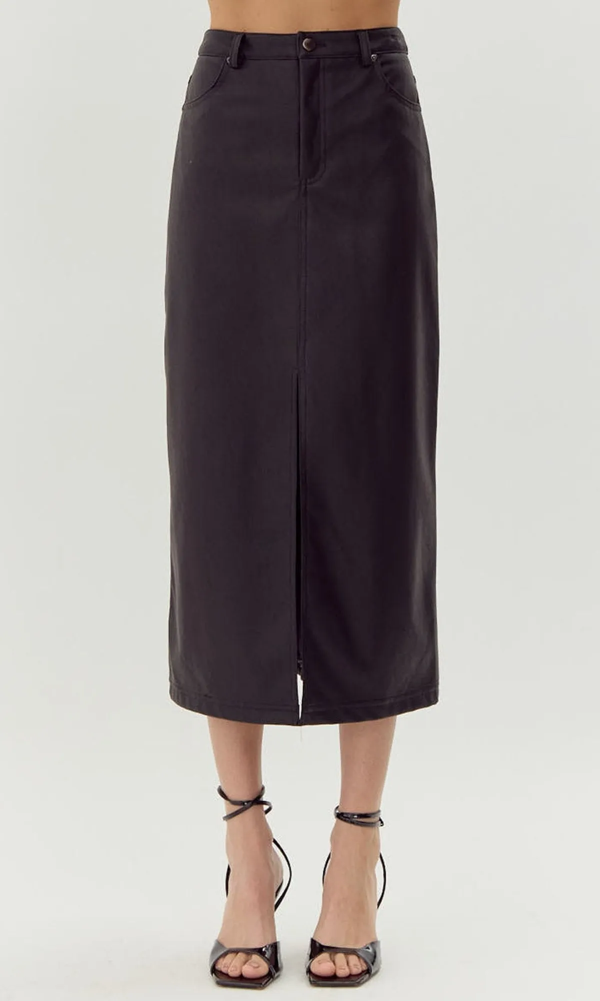 Kaia Vegan Leather Midi Skirt Effortless Look
