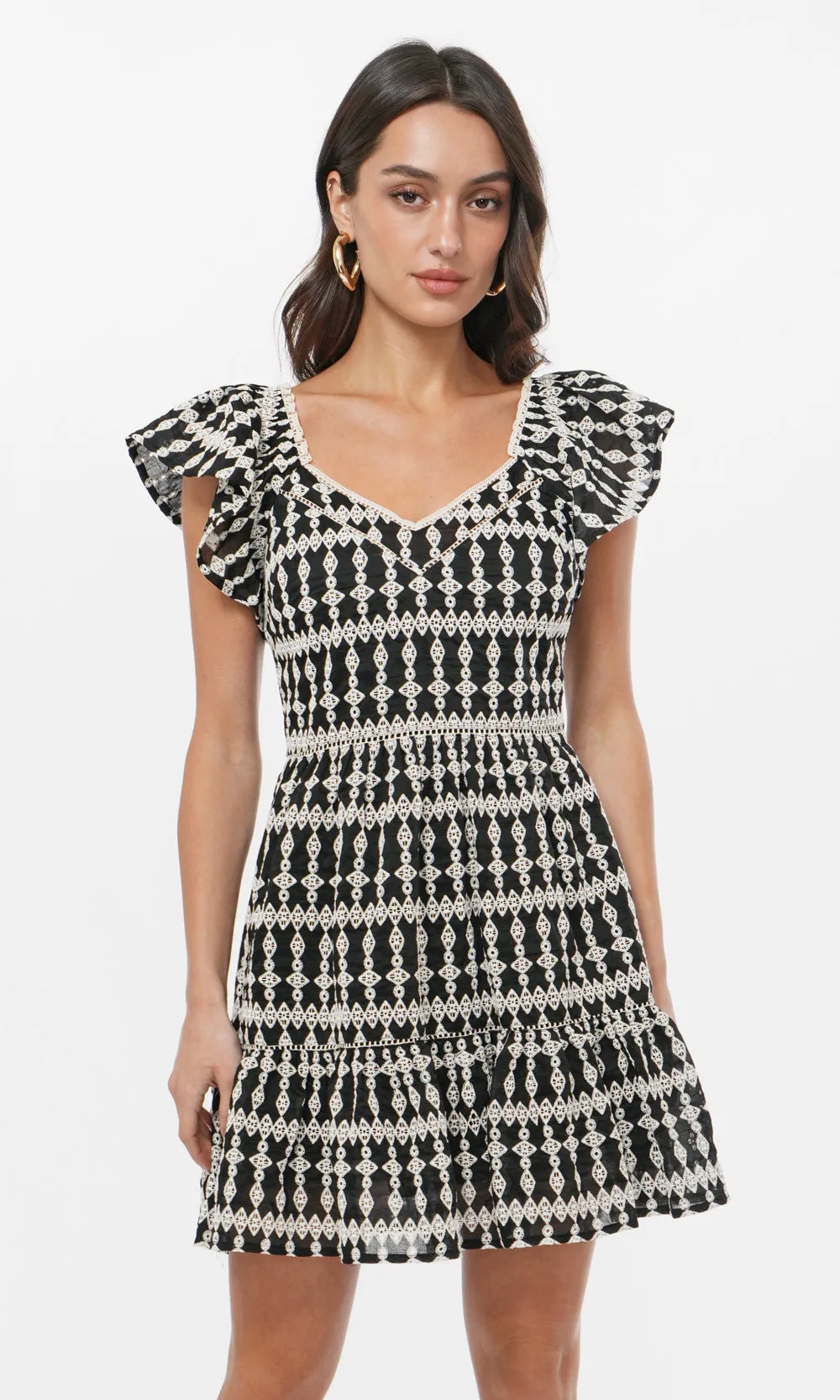 Katty Embroidery Eyelet Flutter Sleeve Mini Dress Modern Chic