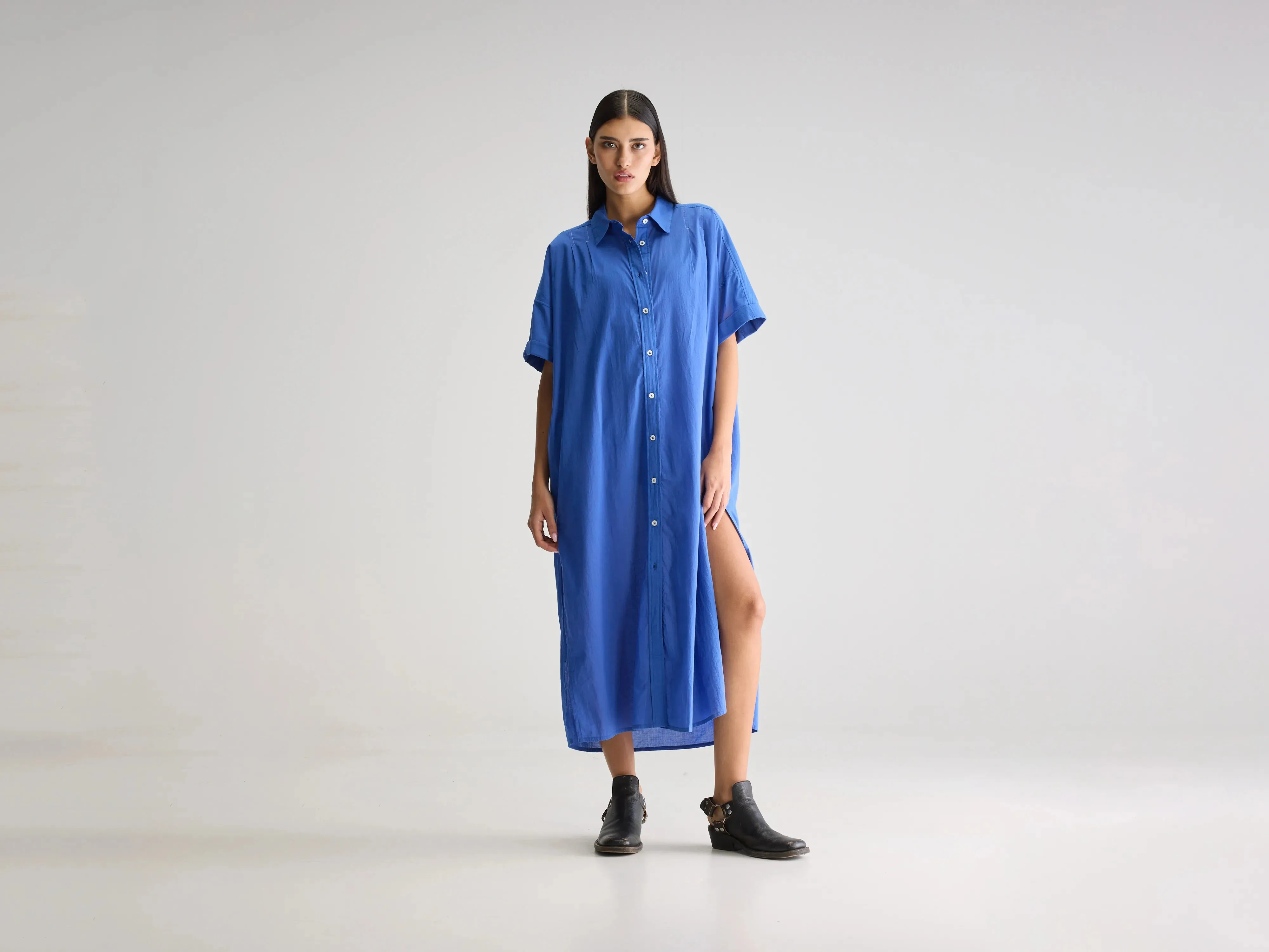 Keren long shirt dress (251 / W / IRIS BLOOM) Cozy Flex Romantic dinner wear
