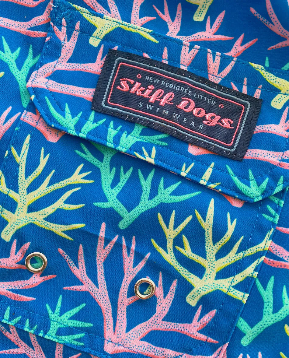 Key Largo Coral: Swim Trunks - Blue Retro Vibe