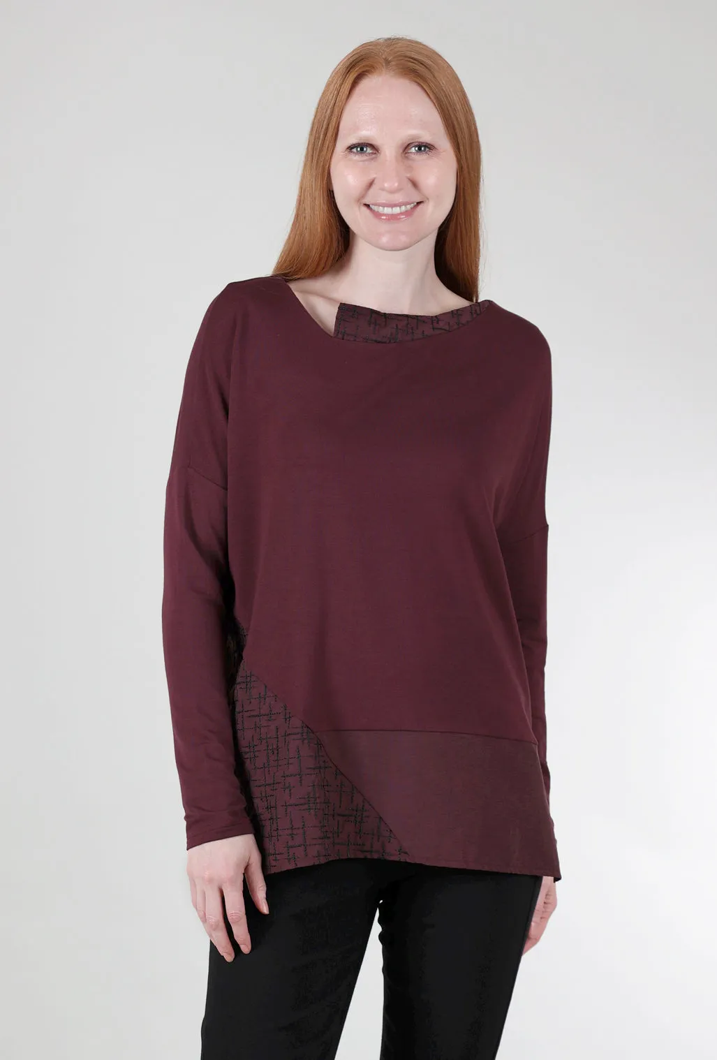 Stitch Tech Trim Top, Burgundy/Black soft knit fabric