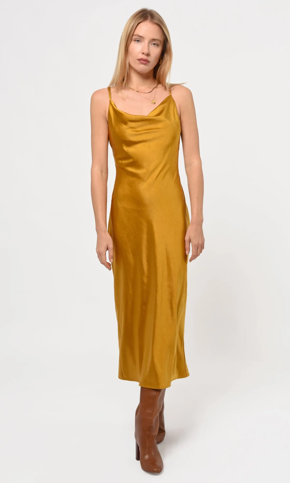 Linda Satin Cowl Neck Slip Maxi Bohemian vibe
