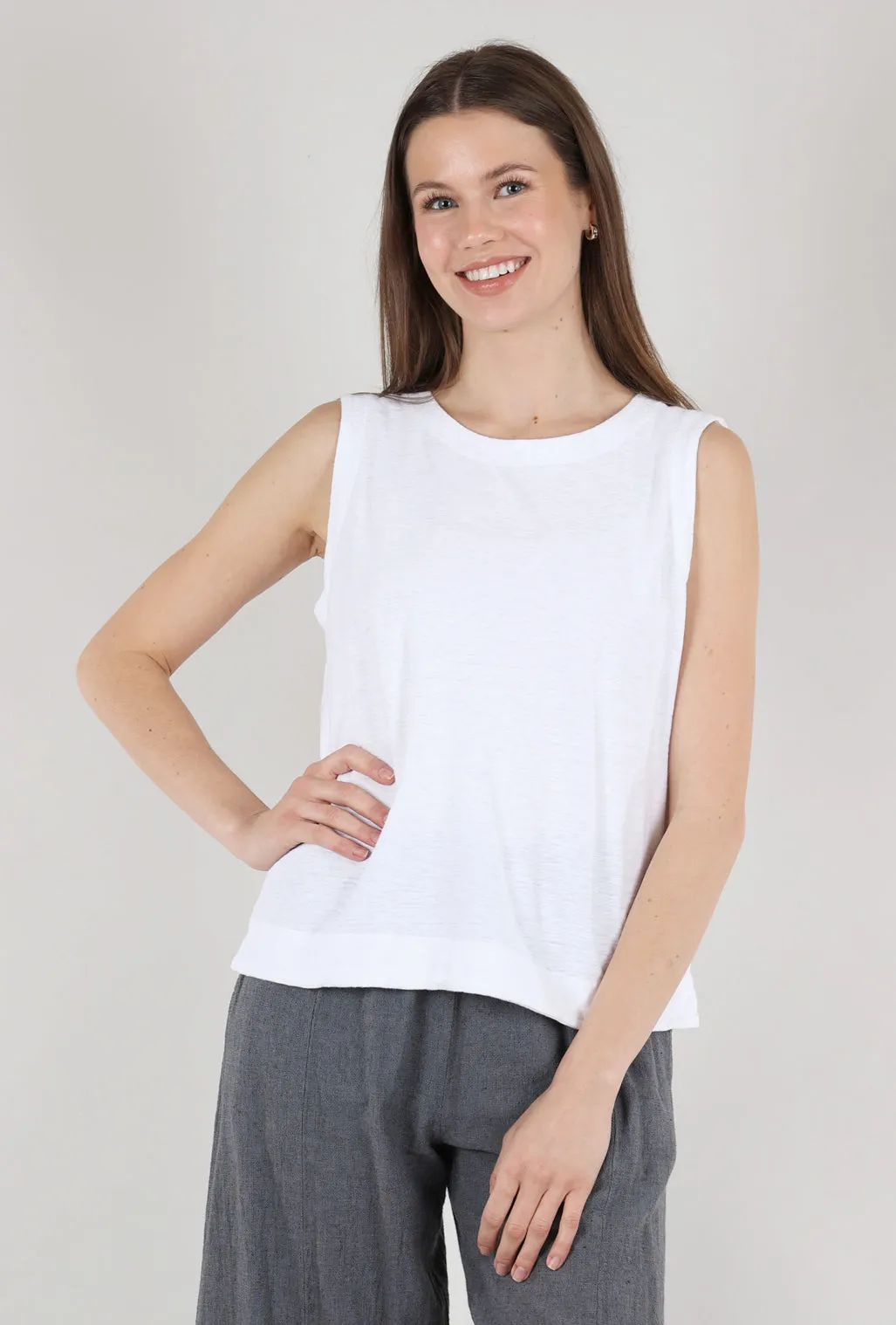 Linen-Cotton Jersey Shell, White Smart Outfit Sleeveless