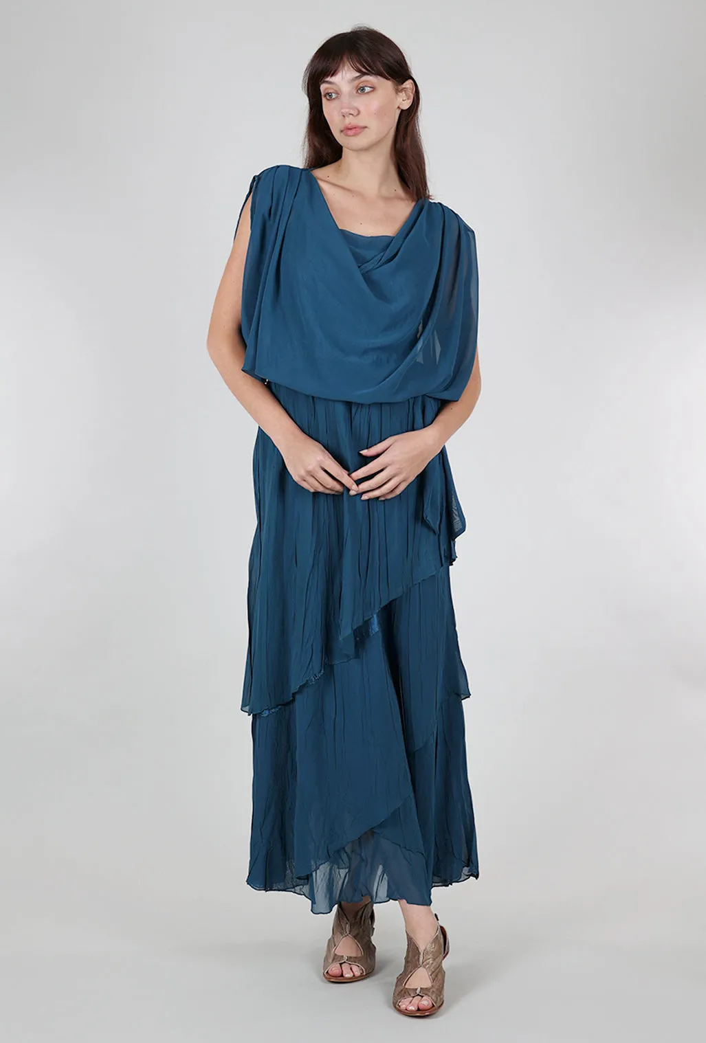 Long Blouson Dress, Moroccan Blue Chocolate Tone