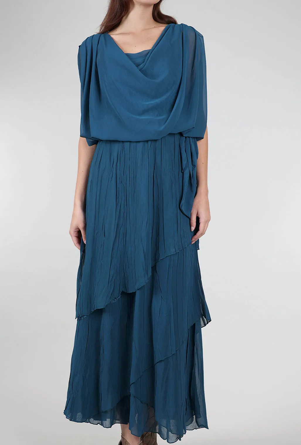 Long Blouson Dress, Moroccan Blue Chocolate Tone