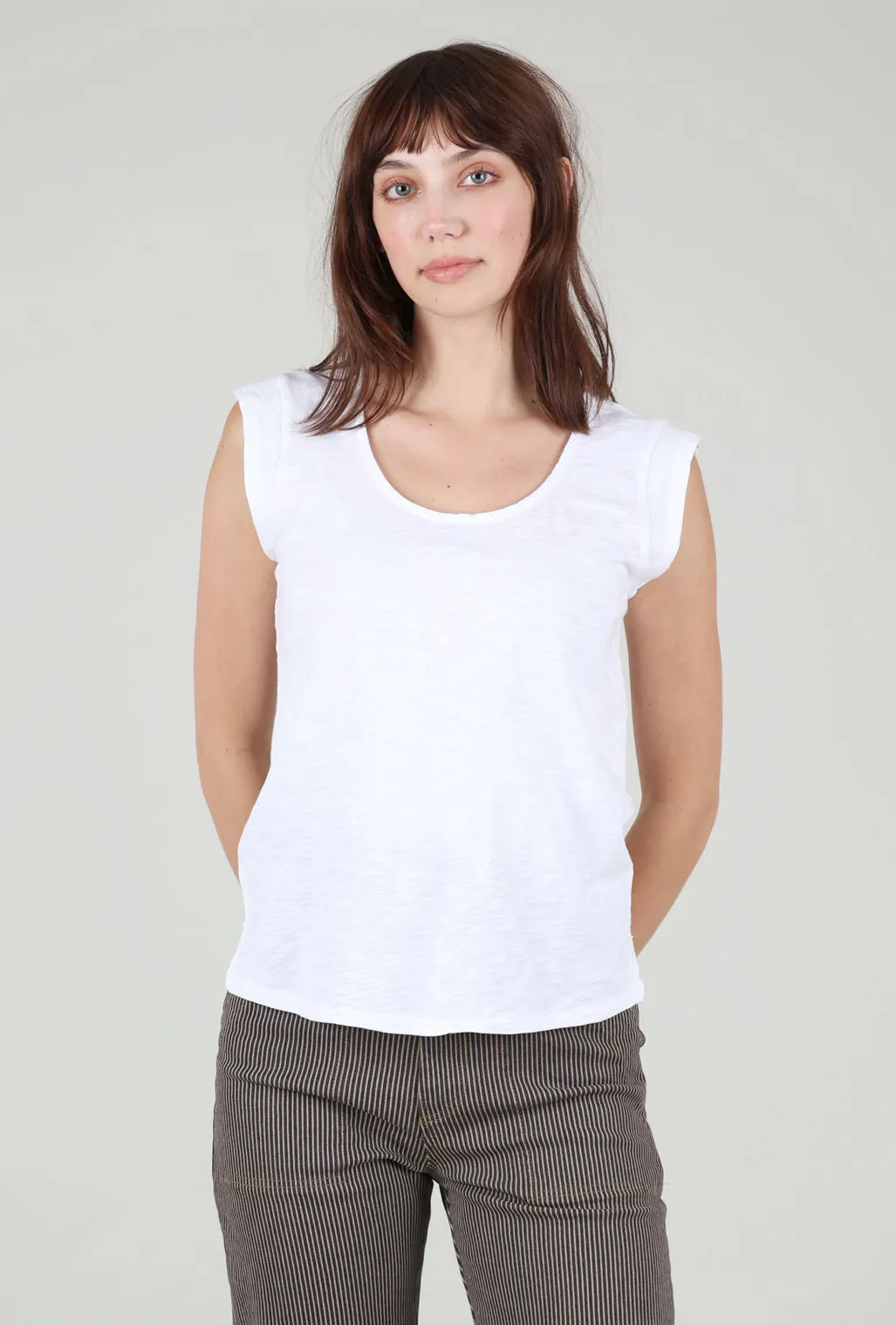 Chic Vibe Perfect for Vacation Cap-Sleeve Scoop-Neck Tee, White