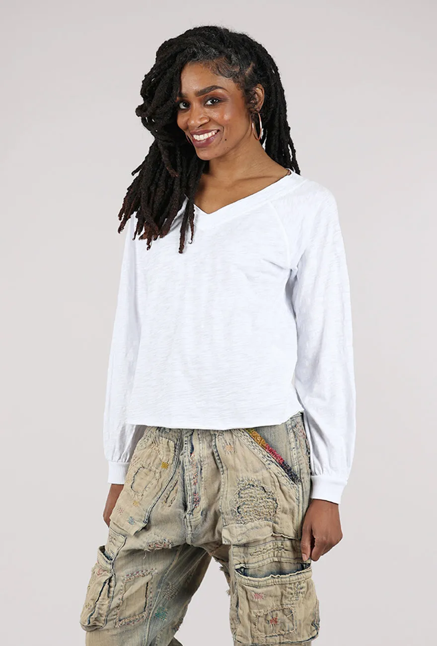 L/S Open V-Neck Tee, White Contemporary Look