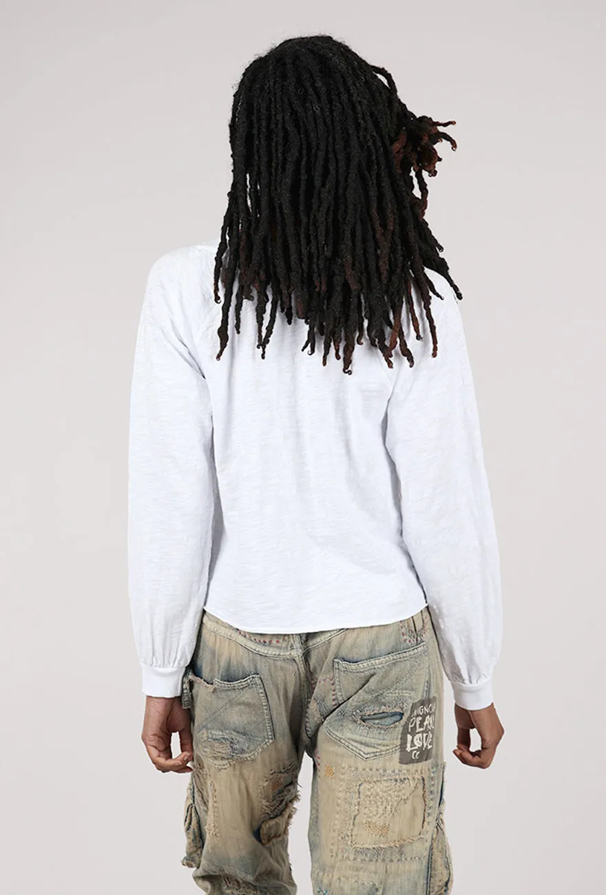 L/S Open V-Neck Tee, White Contemporary Look