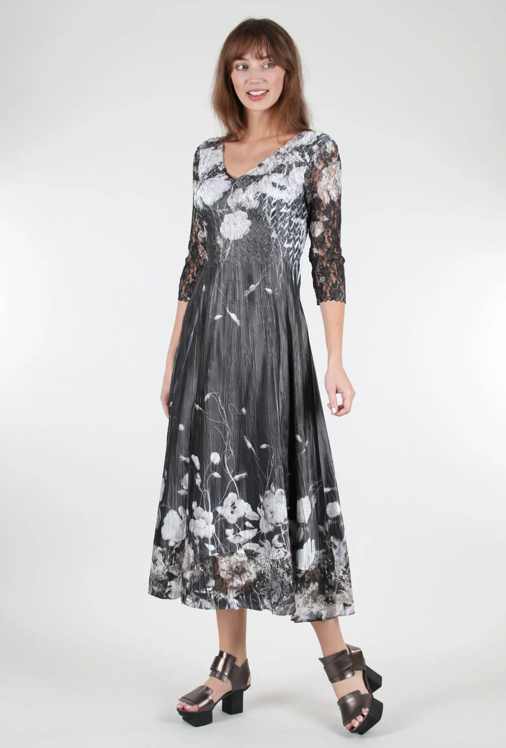 Luxury Outfit Lace Sleeve Charmeuse Dress, Black Opium