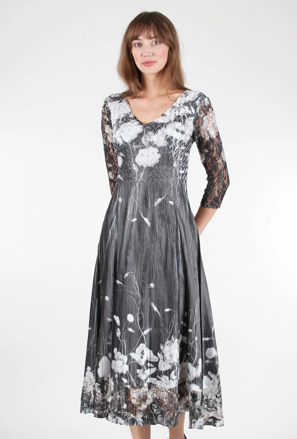 Bold Fashion Zip Ease Lace Sleeve Charmeuse Dress, Black Opium