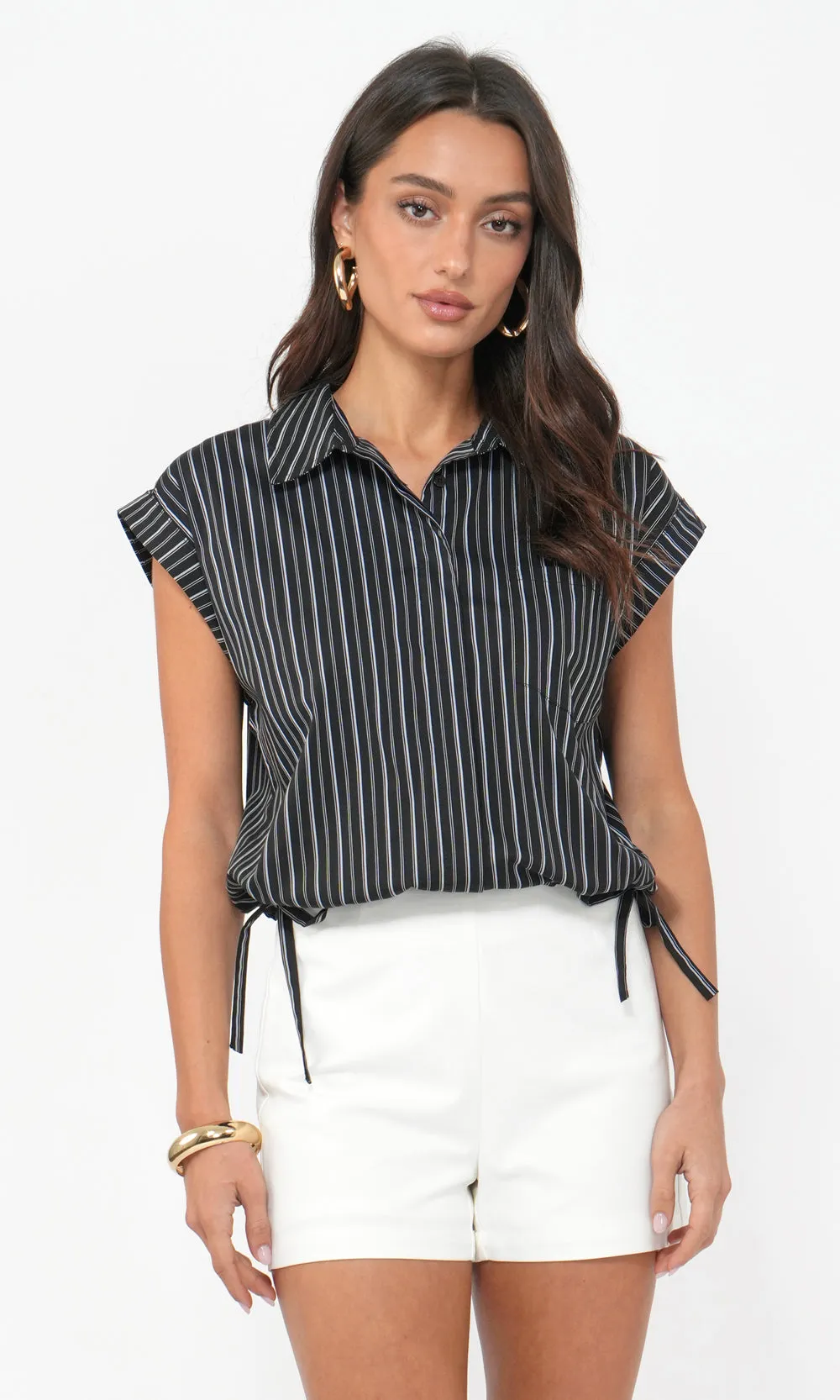 Mallory Cropped Button Down w/ Side Drawstring Stylish Fit