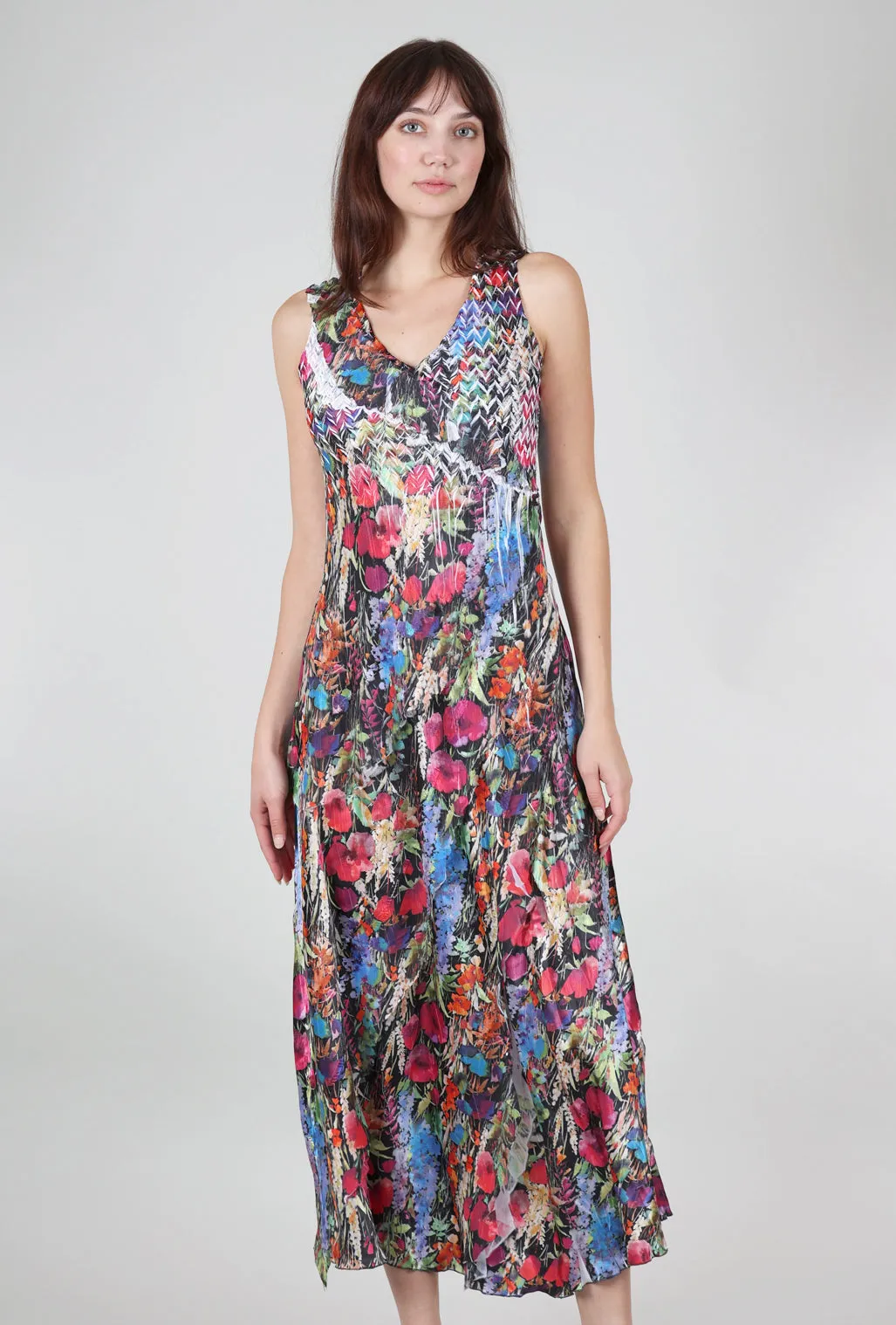 Cool Drape Lively Blooms V-Neck Ruffle Dress, Black