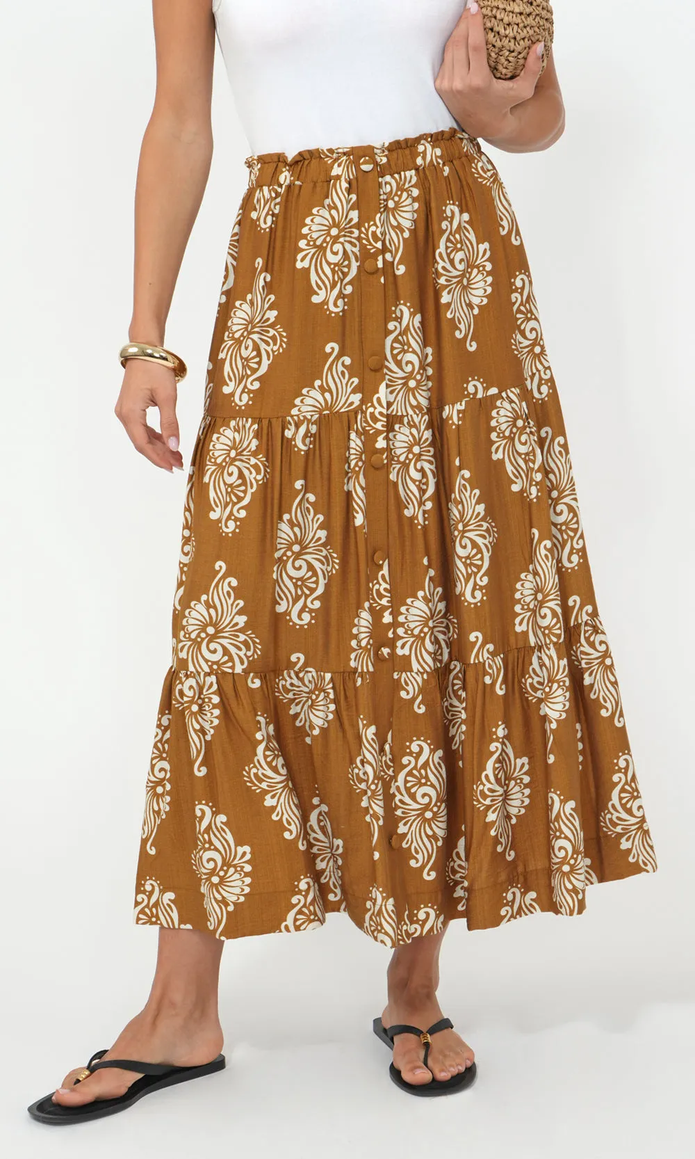 Marcy Print Tiered Midi Skirt lightweight fabric