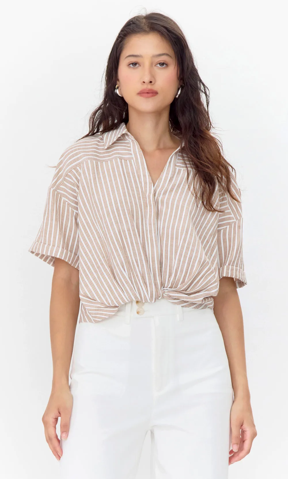Maria Cropped Twist Front Stripe Shirt Durable product quality