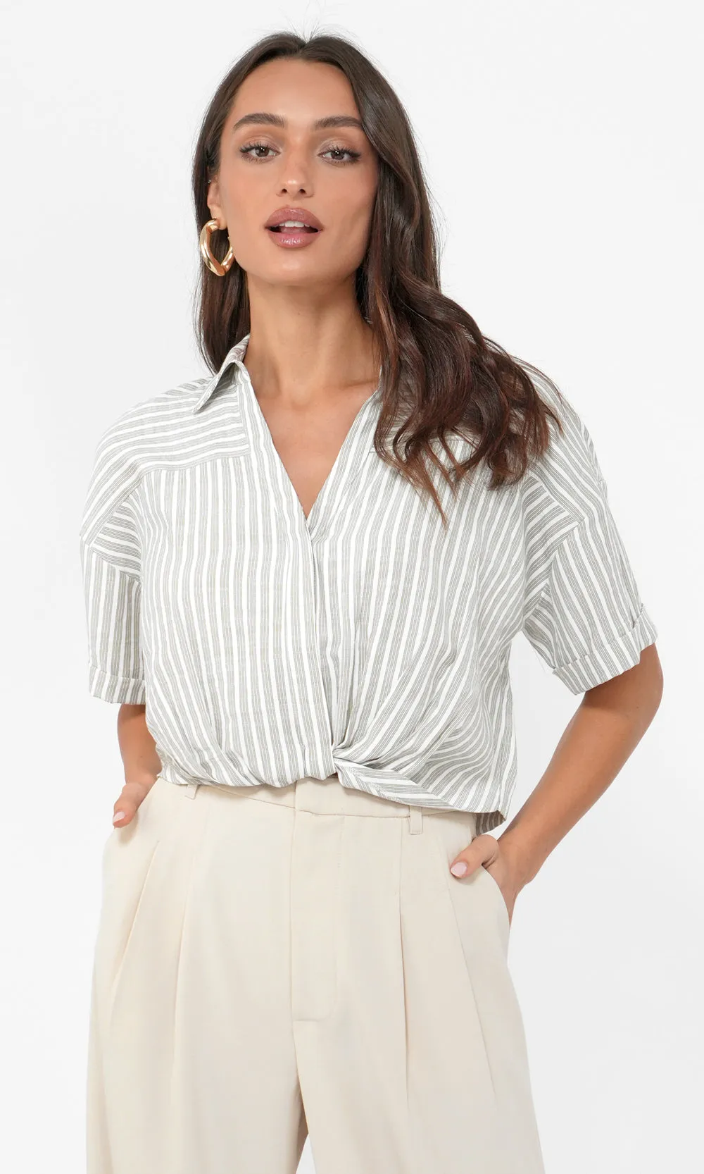 Maria Cropped Twist Front Stripe Shirt Spring Layers