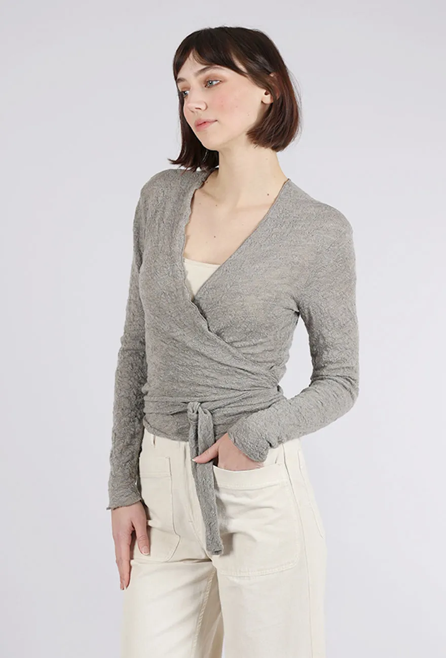Merino Bubble Wool Wrap Top, Elephant Melange Fleece-lined Thick