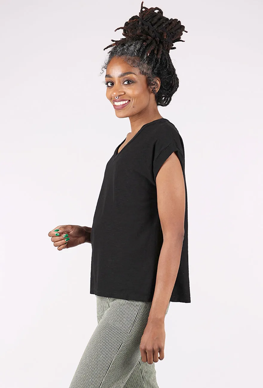 Mesh Trim V-Neck Tee, Black Androgynous style