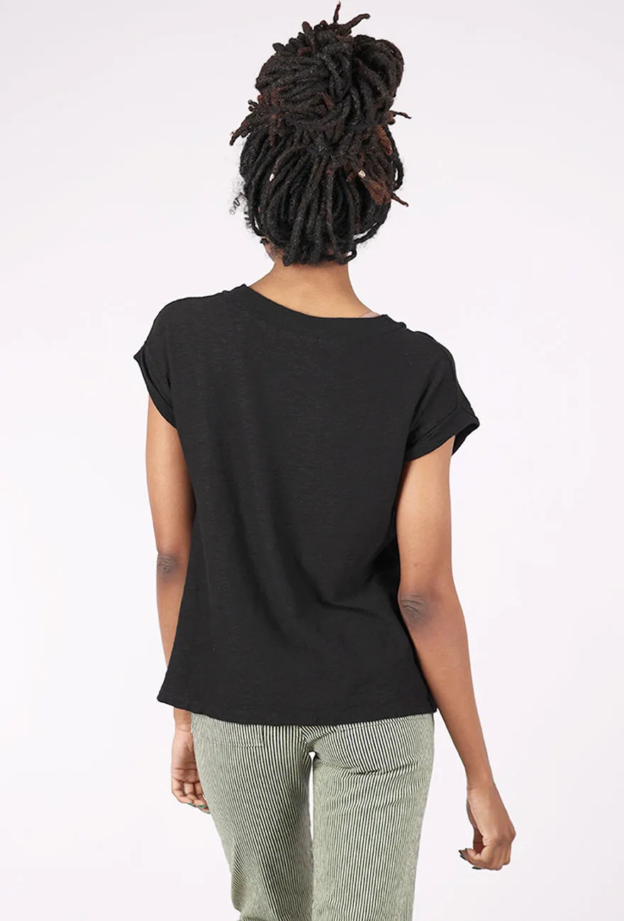 Mesh Trim V-Neck Tee, Black Androgynous style