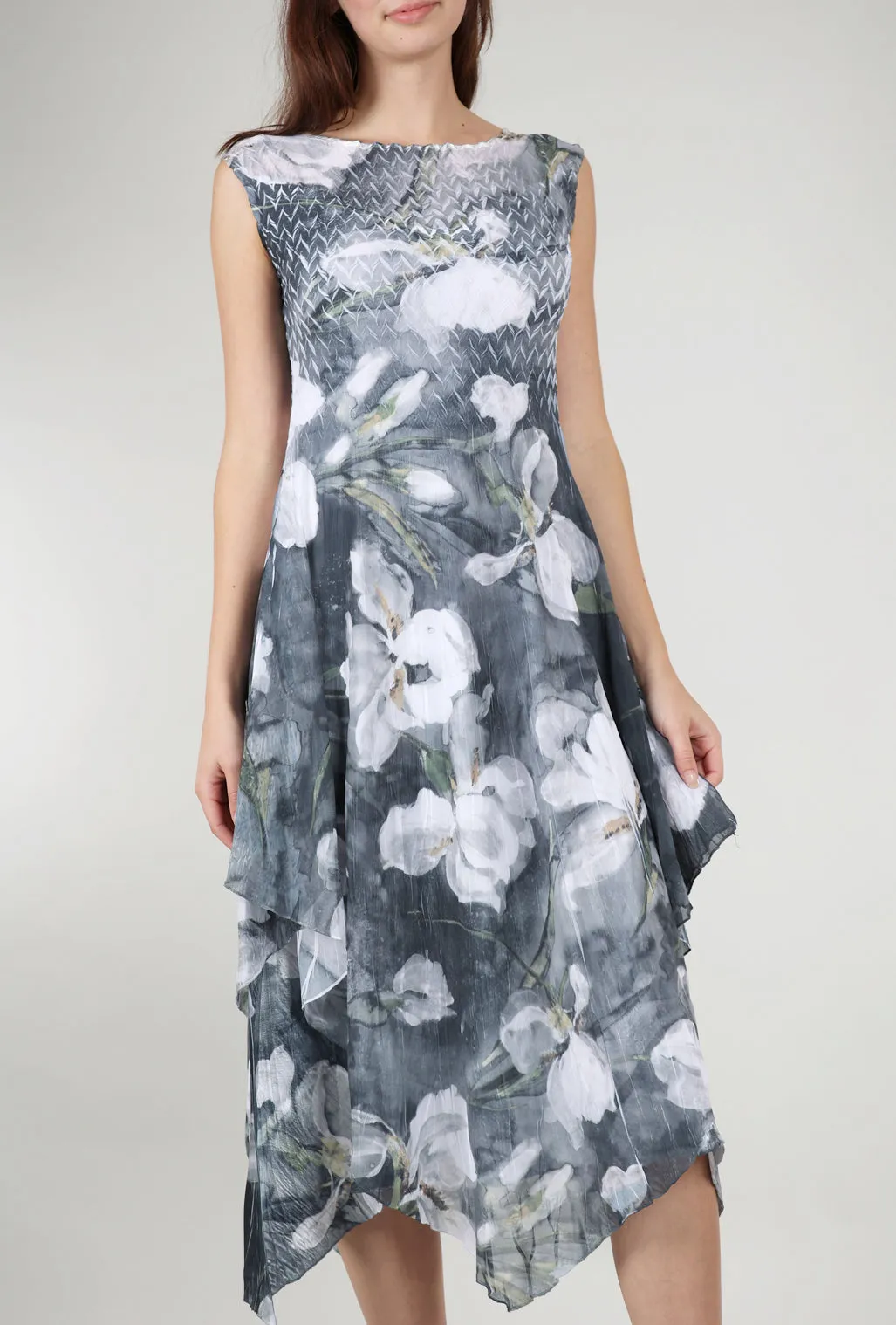 Midnight Magnolia Layered Hem Dress, Gray Sleek modern