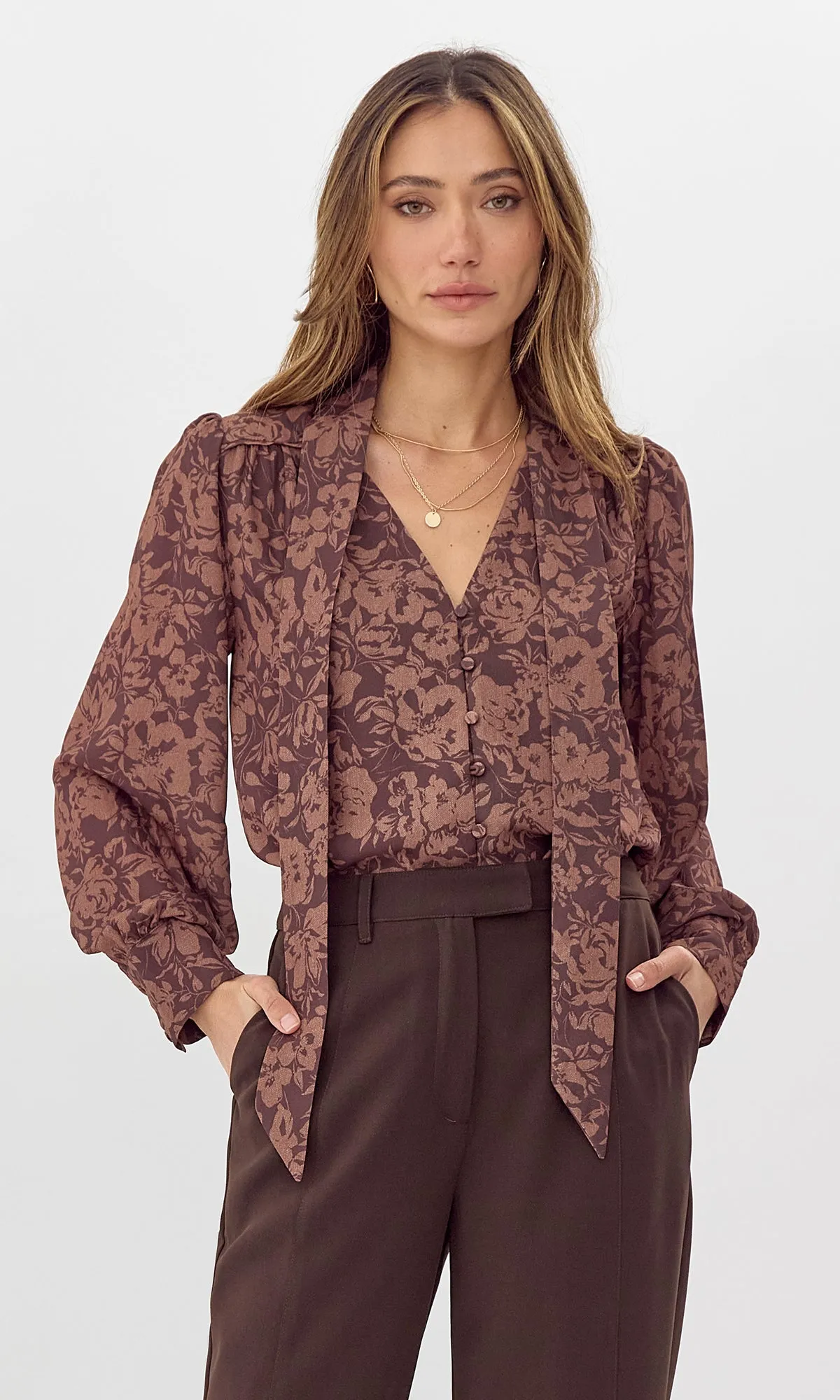 Mireya Printed Tie Neck Printed Blouse Trendy Vibes