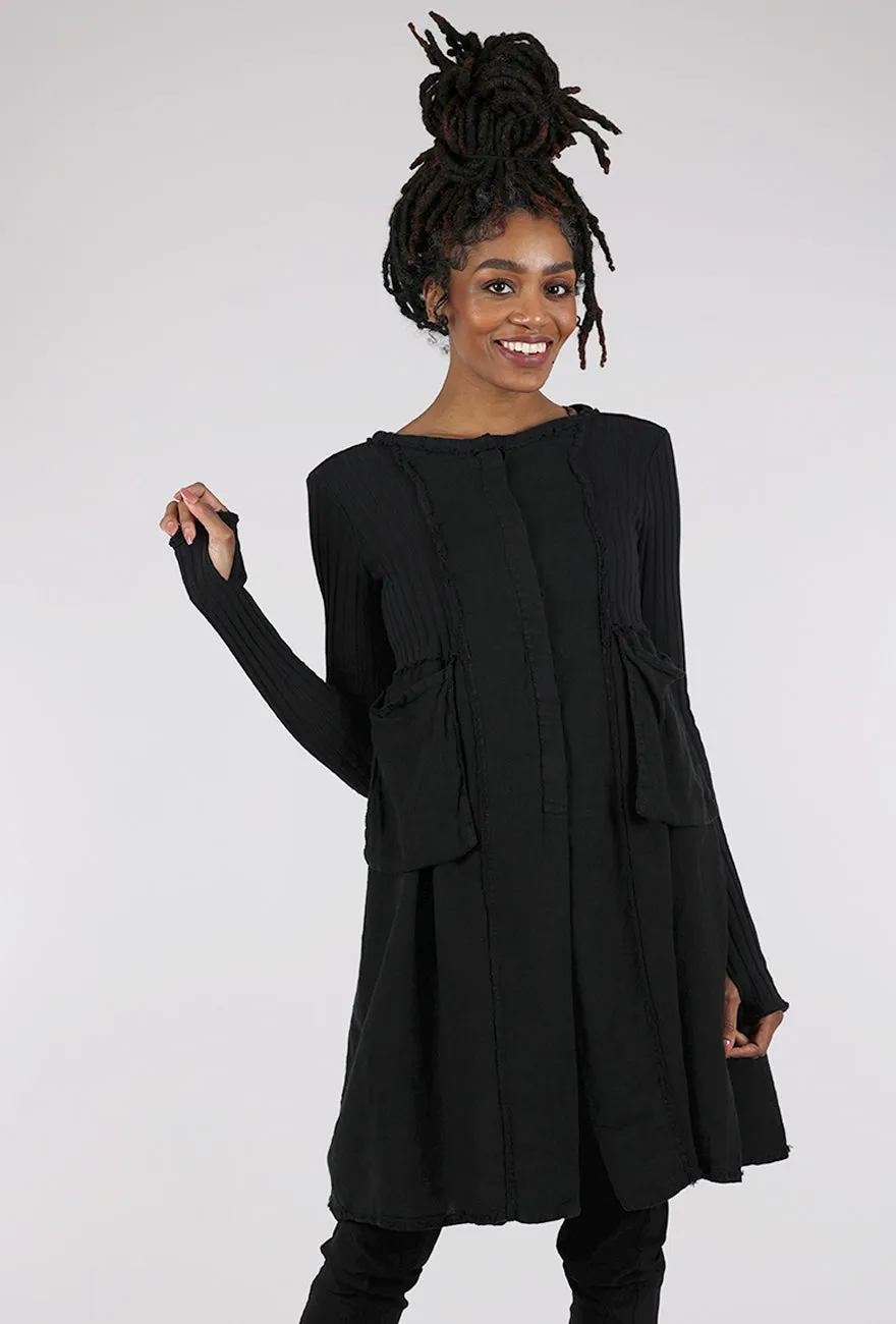 Mixed Media Long Jacket, Black Basic Layers Plaid Print