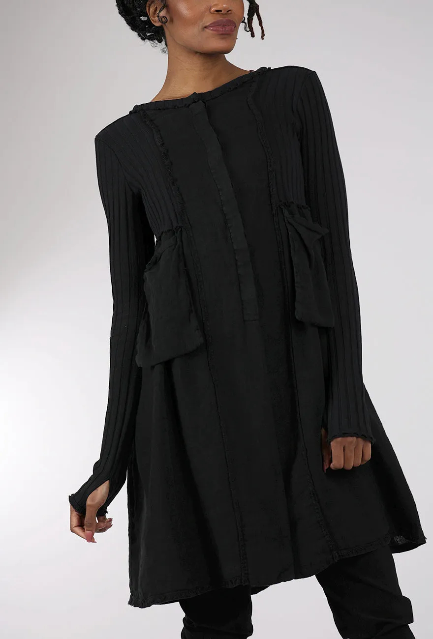 Mixed Media Long Jacket, Black Urban Daily Wear