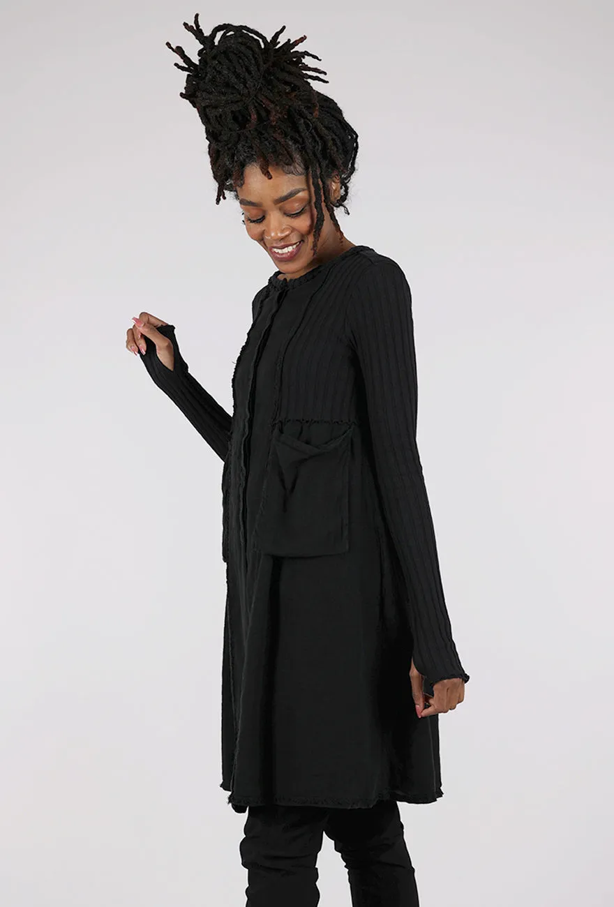 Mixed Media Long Jacket, Black Urban Daily Wear