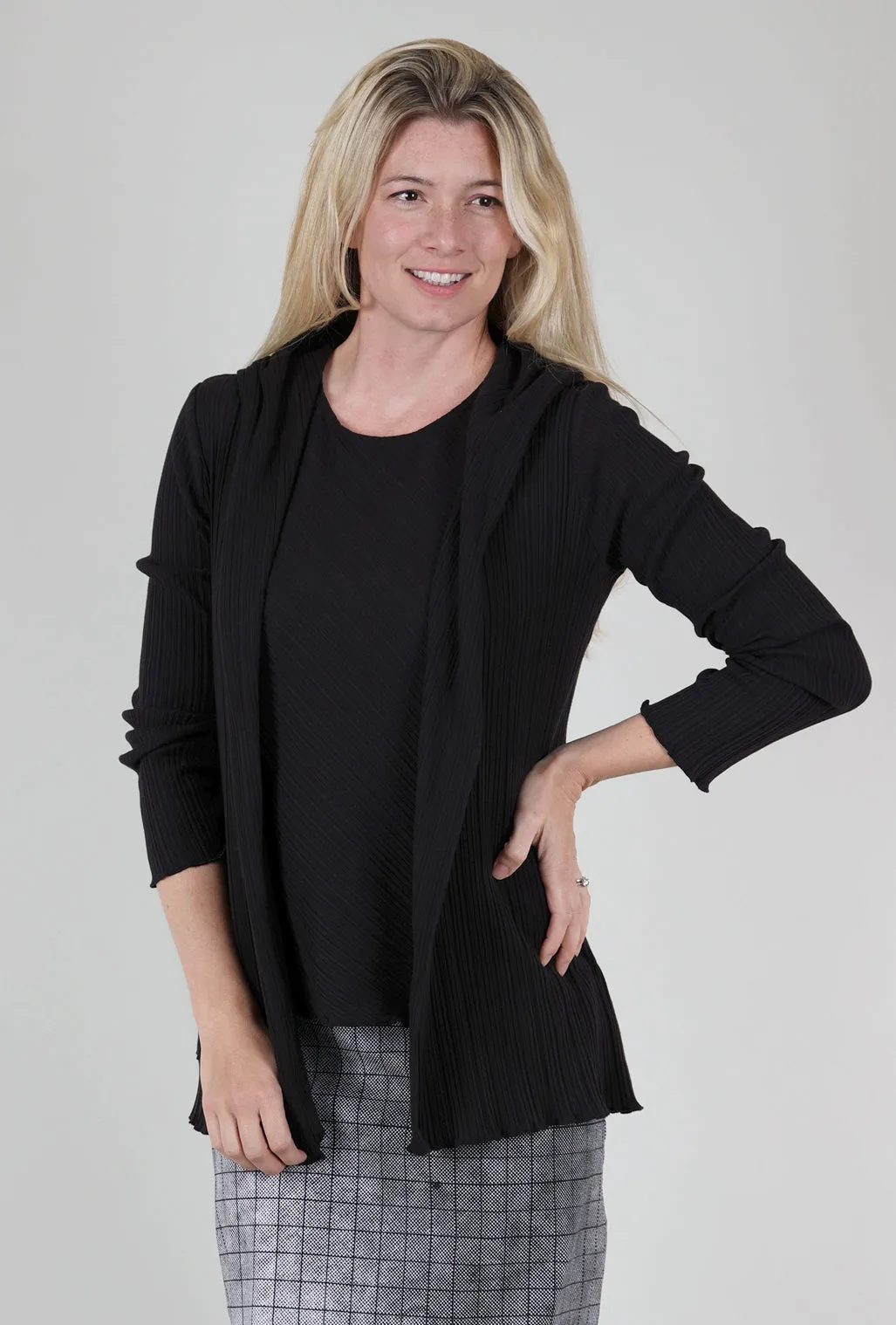 Micropleat Hooded Cardie, Black Functional Style Natural Texture